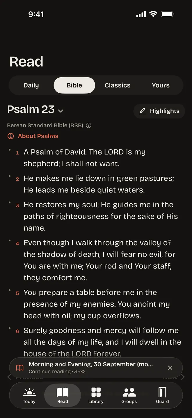 Psalm 23 in dark mode.