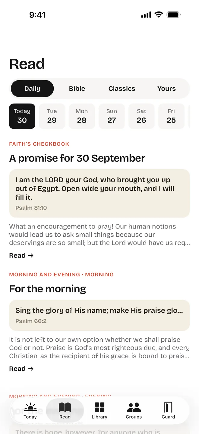 The Read tab's Daily view: Faith's Checkbook and Morning and Evening for today.