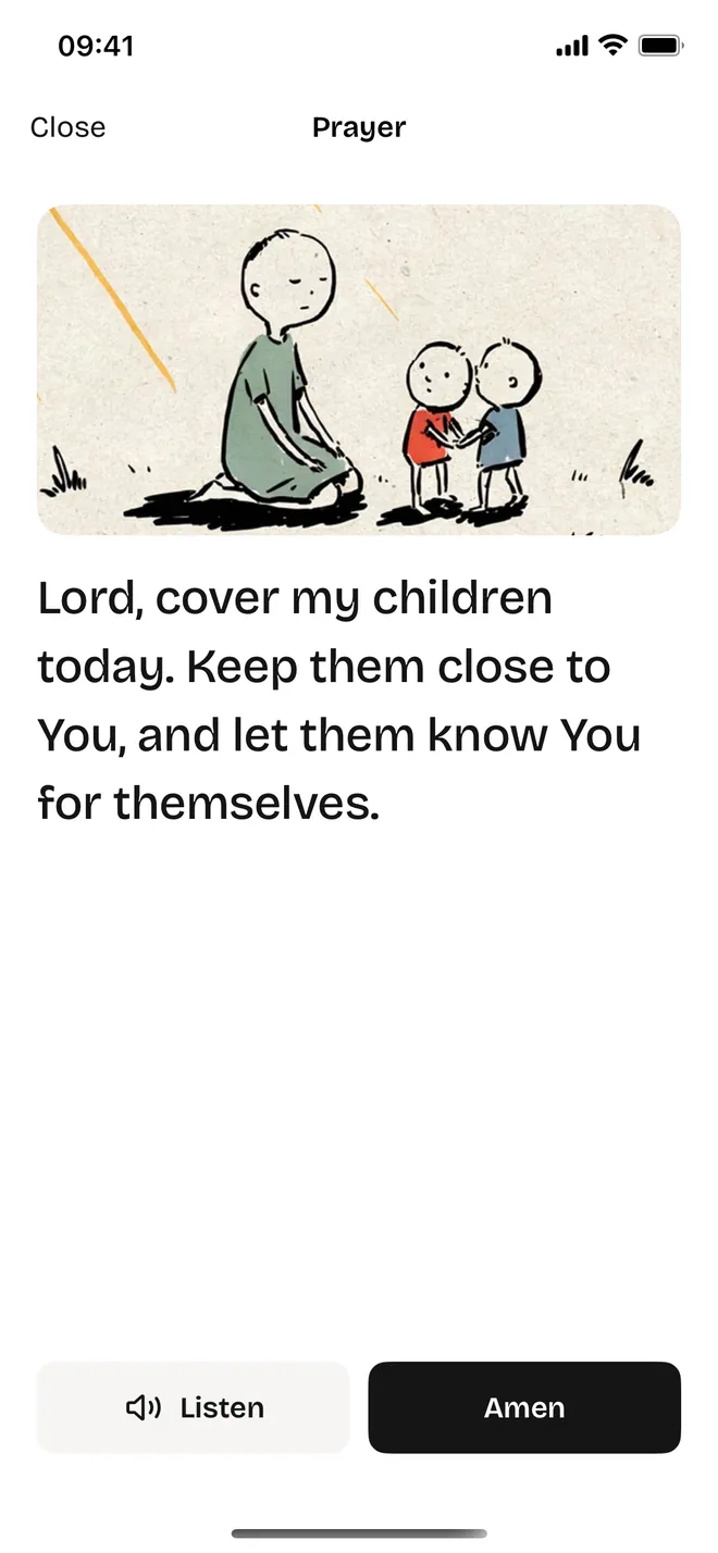 Pray with it in Mutter: a drawing, the words in full, and Listen and Amen buttons.
