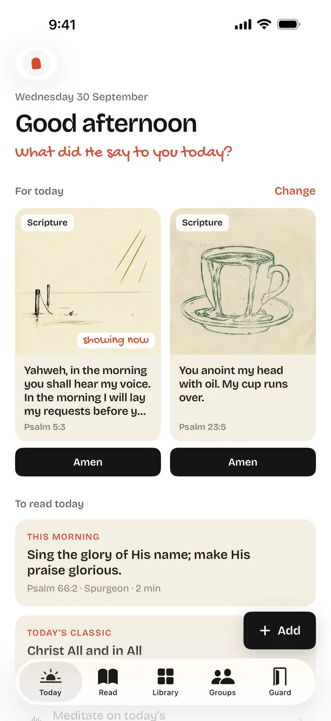 Mutter's Today screen: two verses chosen for today, each with its drawing and an Amen button.