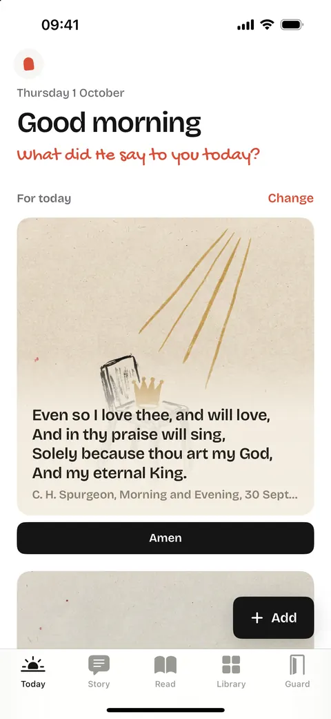 Mutter's Today screen: ‘Good morning’, today's reading from Spurgeon with a hand-drawn picture of a crown on a chair, and an Amen button.