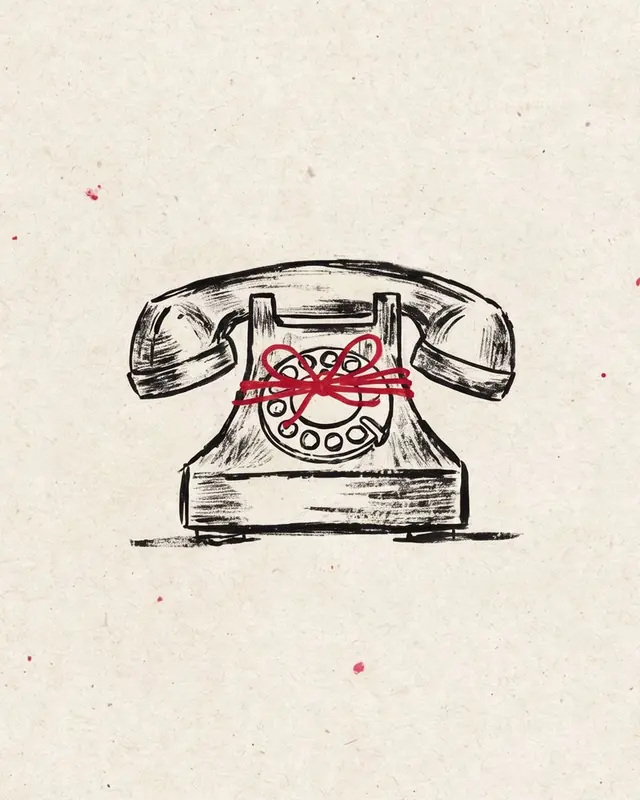 A paper-and-ink drawing of an old telephone tied up with red string.